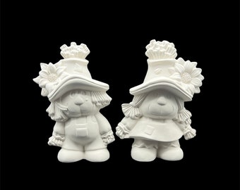 Boy And Girl Scarecrow With Sunflowers Ceramic Bisque Ready To Paint