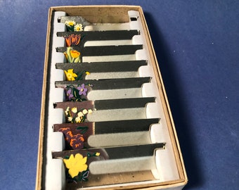 May include: A set of ten glass slides with colorful flower illustrations in a cardboard box. The flowers include tulips, daffodils, pansies, and lilies.