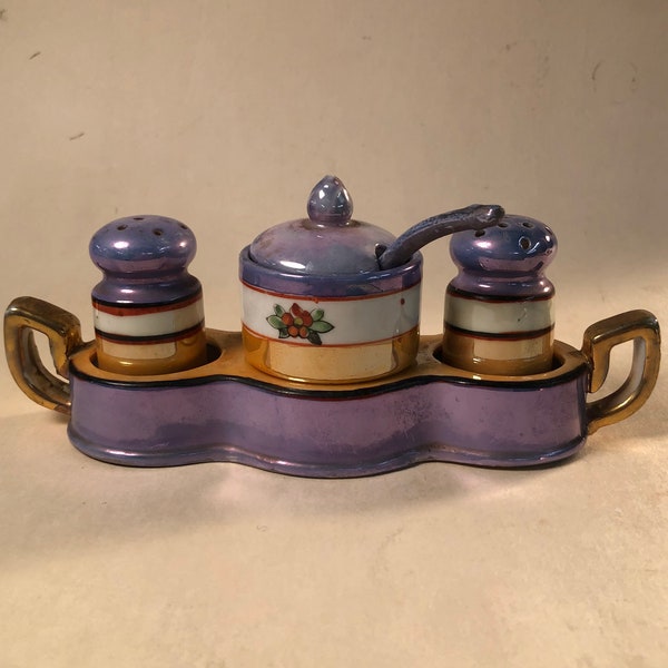 Blue Lusterware Salt and Pepper Condiment Set