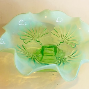 Vintage Green Opalescent Jefferson Glass Pedestal Ruffled Bowl