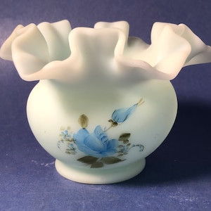 Fenton Blue Ruffled Hand Painted Vase