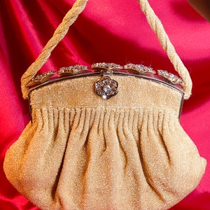 VINTAGE GOLD HANDMADE HEAVILY BEADED PURSE BAG CLUTCH