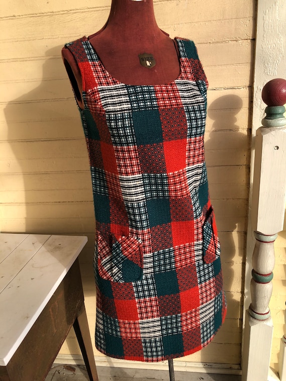 Vintage Rust and Green Plaid Polyester Jumper Dres