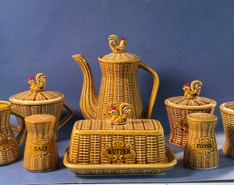 Basket Weave Coffee Set with Butter Dish Jam Jelly Sugar Creamer Salt Pepper