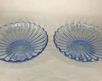 Pair of Ribbed Blue Glass Dishes on Pedestals