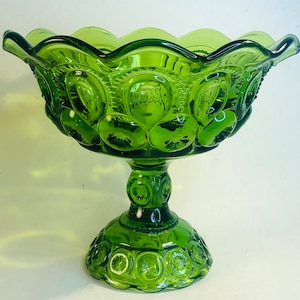 Vintage L E Smith Avocado Moon and Stars Compote 7”