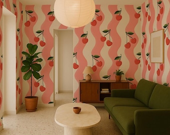 Papel pintado ondulado de cerezas, blanco y rosa