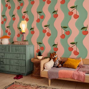 Tapeta Wavy Cherry, różowo-turkusowa