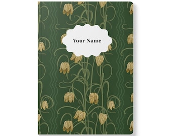 Libreta personalizada Campanas de tapa blanda, verde oscuro y ocre (añade tu nombre)