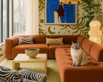 Lunar Leaf Wallpaper, beige and olive green - Peel and Stick Wallpaper, Traditional Pasted Wallpaper, Removable