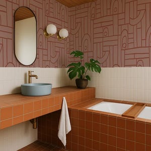Carta da parati Deco Tile, malva e arancio bruciato