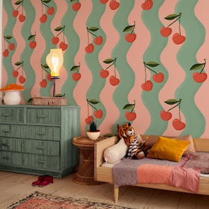 Kirschen Tapete, gewellt, rosa und petrol