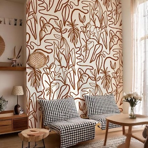 Inked Foliage Wallpaper, white and rust