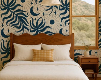 Lunar Leaf Wallpaper, beige and navy - Peel and Stick Wallpaper, Traditional Pasted Wallpaper, Removable