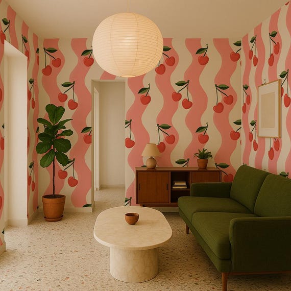 Wavy Cherry Wallpaper, White and Pink - Peel and Stick Wallpaper