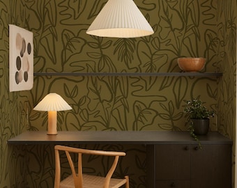 Inked Foliage Wallpaper, olive green