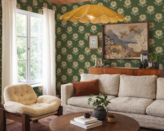 King Protea Wallpaper, forest green and butter yellow