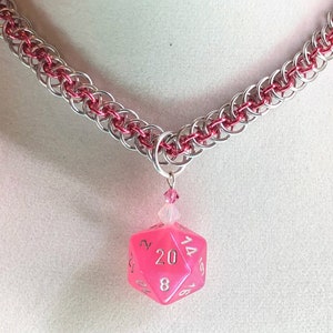 Pink and Silver Chainmaille Necklace - Viper Basket Weave with Pink Borealis D20 Pendant