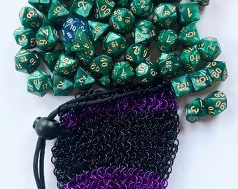 Purple and Black Chainmaille Dice Bag - Large Sized