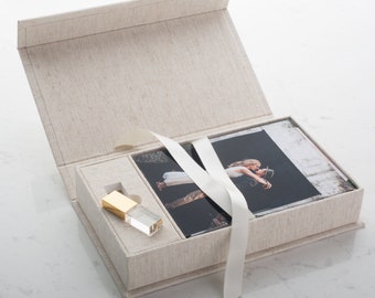 Linen Fabric USB Box 5x7 + Crystal Flash Drive with Personalization | Photo Box | Wedding USB Box