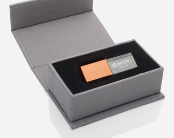 Linen USB Box with Personalization + Crystal Flash Drive | 8GB | 16GB | USB 3.0 - Slate
