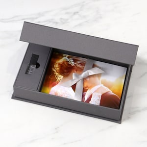 Slate Gray Fabric USB Box 5x7 + Crystal Flash Drive with Personalization | Photo Box | Wedding USB Box