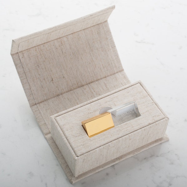 Linen Fabric USB Box with Magnetic Closure + Crystal USB | Wedding Flash Drive | USB Packaging