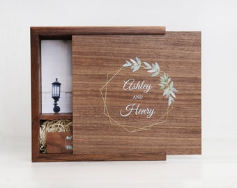 Wooden Lid Walnut Photo & USB Box 5x7 + Walnut USB with Full Color Printing | Photo Box | Wedding Flash Drive Box