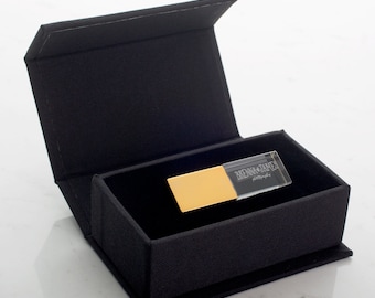 Black Fabric USB Box with Magnetic Closure + Crystal USB | Wedding Flash Drive | USB Packaging