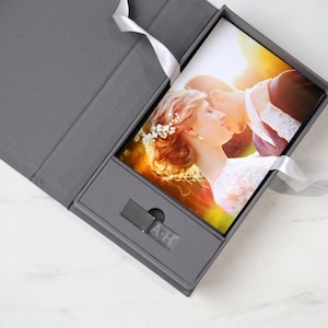 Slate Gray Fabric USB Box 8x10 + Crystal Flash Drive with Personalization  | Photo Box | Wedding USB Box