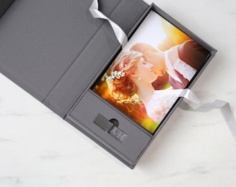 Slate Gray Fabric USB Box 8x10 + Crystal Flash Drive with Personalization  | Photo Box | Wedding USB Box