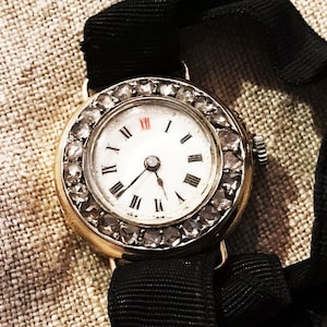 Gorgeous ANTIQUE Victorian Rose Gold, Rose Cut DIAMOND Watch - Solid Gold - Original Black Ribbon Strap
