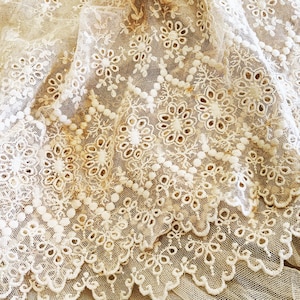 Gorgeous Heavily Embroidered Antique Tulle Lace Flounce - Net Lace - NeedleRun - Tambour Lace