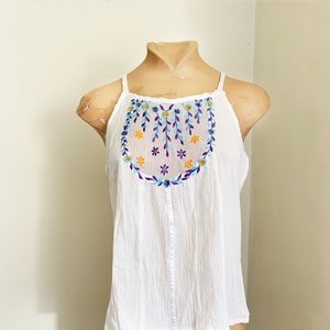 36in Lightweight Semi Sheer White Cotton Sleeveless Top - Embroidery Detail - Buttoned Back - Summer - As New With Tags