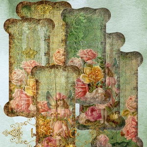 FlowerFairy #1 RIBBON HOLDER Victorian Whimsy Tag Tea Party Favour Cabbages & Roses Thread Floral Garden Scrapbook Vintage Digital Decoupage