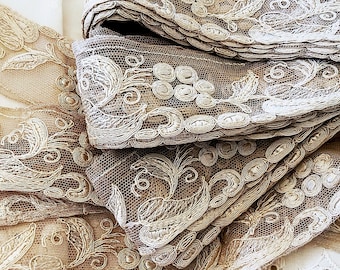 Beautiful Detailed Embroidered Vintage Net Lace - Needlerun - Salvage Craft Costumes Dolls Pillows Lampshades
