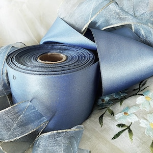 Beautiful Vintage Dusky Blue Satin Ribbon - Fine Vintage Gilt Edged Gauzy Chiffon