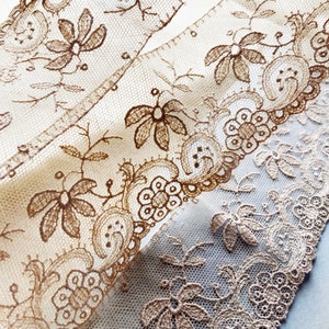 Lovely Vintage Coffee Tulle Lace - Net Lace  - Schiffli - Needlerun -  Victorian Craft Dolls