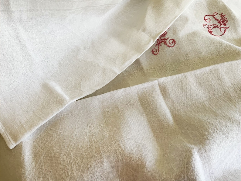 Hand Embroidered Red Cross Stitch Monogram Beautiful Large French Antique White Linen Damask Napkin Serviette AJ AT