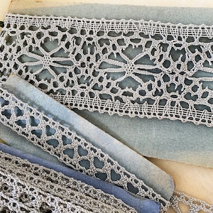 Vintage Linen Cotton Lace - Pale Blue Greys - Craft Haberdashery Millinery Vintage Supplies