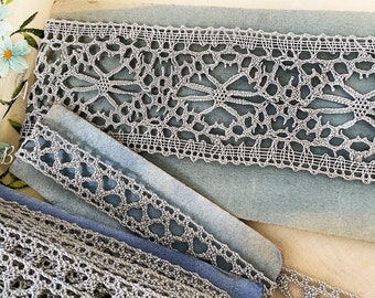 Vintage Linen Cotton Lace - Pale Blue Greys - Craft Haberdashery Millinery Vintage Supplies