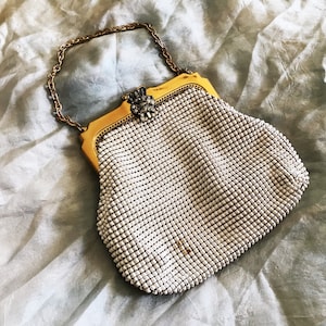 Whiting & Davis 1940s Enameled PerliMesh Purse - Rhinestone Clasp - Gold Tone Frame - Heavy - Quality  - Made in USA