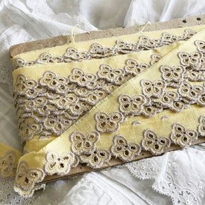 Vintage Greige Embroidery on Sunshine Yellow - Embroidery Anglaise Scalloped Trim -  Craft Create Petticoats Cushions Bedding Dolls