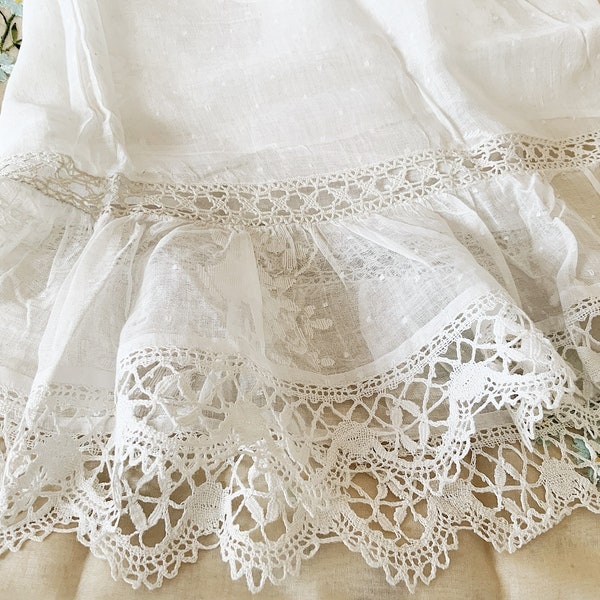 Basket Of Flowers - Beautiful Fine Organdie Lace Trimmed Ruffled Ivory Pillowcase - Handmade Linen Lace