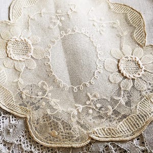 Handmade Hand Embroidered Vintage Silk Cream Net Lace Doily