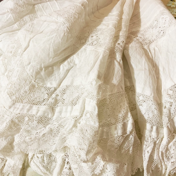 Yummy Full Frothy Antique Lace Ruffled Flounce - Cluny Lace - Deep V Shaped Lacy Scallops - Perfect Shape for Jabot, Modesty Panel or Dolls