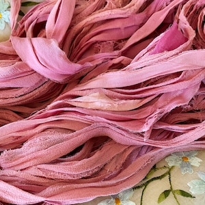 3yds Sari Silk Chiffon - Vintage Roses - Variegated ReCycled Vintage Ribbon Strips - Dolls Scrapbook Hats Jewellery Ribbon Embroidery Craft