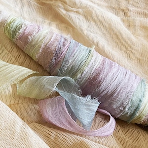 3 m Sari Seda Chiffon Pretty Pale Pastels - Fita Variegada Reciclada Vintage - Artesanato Bonecas Chapéus Jóias Fita Bordado Costura Lenta