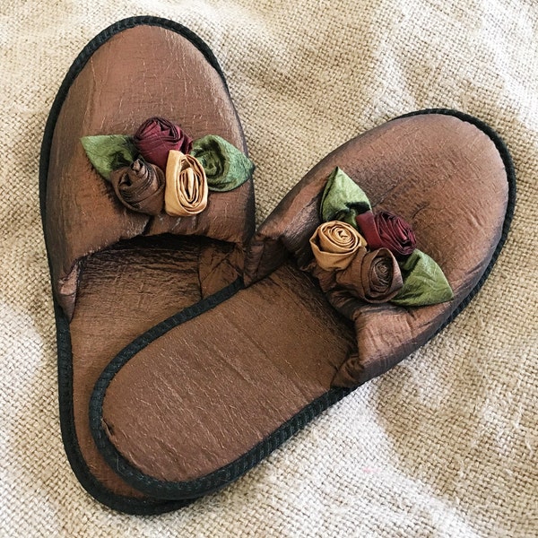 Ladies Slippers - Flats - Brown With Ribbon Rose Detail - Bohemian Gypsy Boho Chic