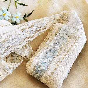 Very Pretty Palest Blue & Ivory Vintage Tulle Lace - Very Fine Delicate Net Lace -  Craft Create Dolls
